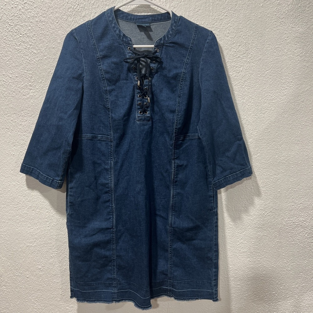 J. Jill Denim Shift Dress Womens Medium Petite Blue Lace Up 3/4 Sleeve Pockets